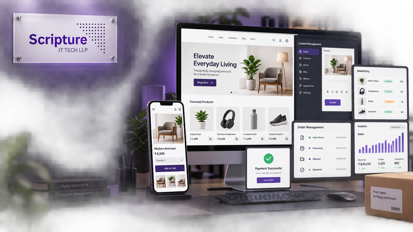 Scripture IT e-commerce and CMS development solutions connecting online storefronts, mobile commerce, content management, payments, inventory, orders and analytics