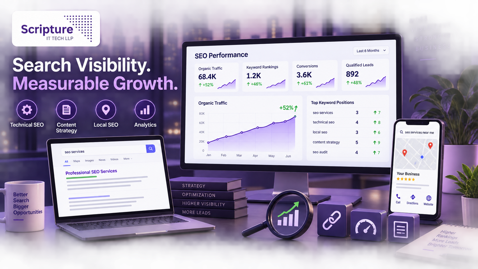Scripture IT SEO services for technical optimisation, content strategy, local SEO, keyword rankings, organic traffic and measurable business growth