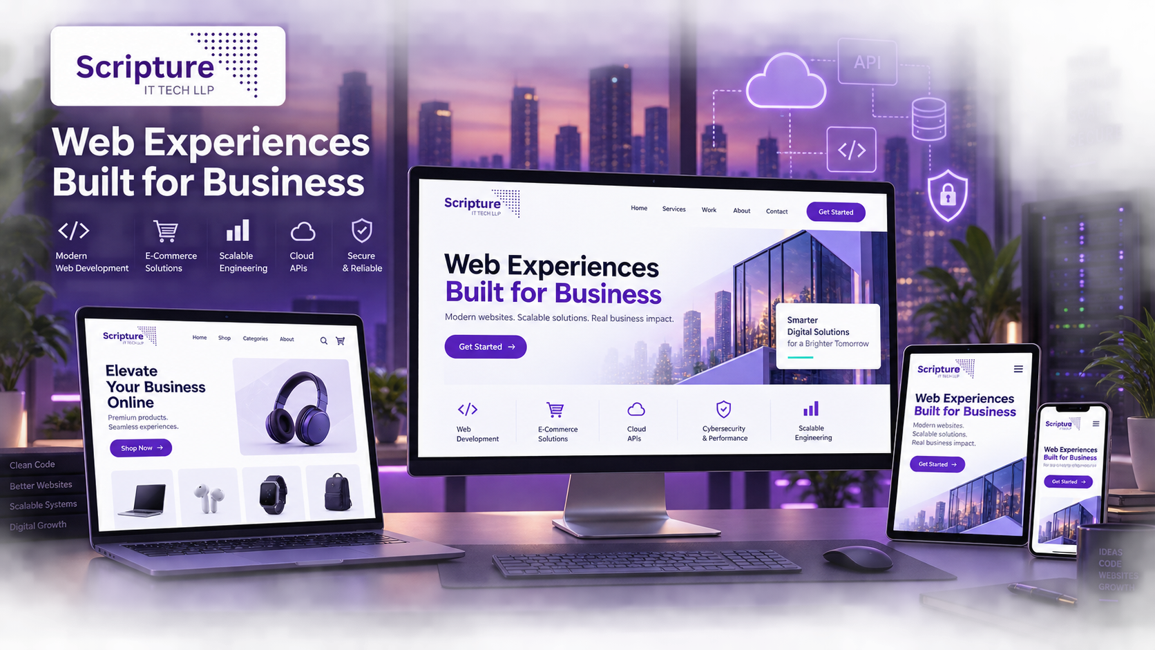 Scripture IT web development services for responsive websites, e-commerce, cloud APIs and secure scalable web applications